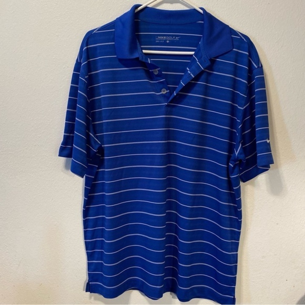 Nike Golf Dri Fit Shirt Mens Size Large Collared Pull Over Blue Polos Striped